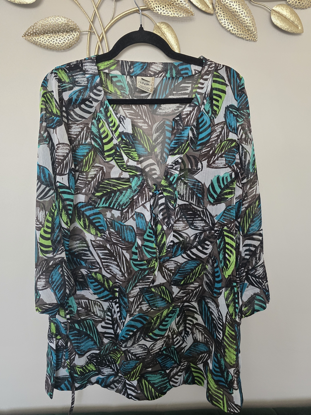 Women’s Leaf-Print Tunic Top in Teal & Lime - Lightweight Swim Cover Up Size S